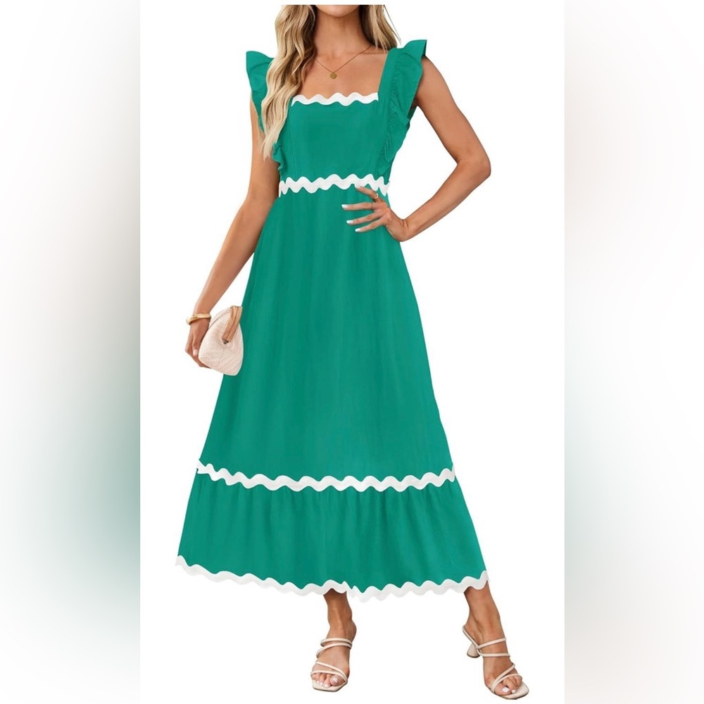 Elegant Green Maxi Dress with White Trim